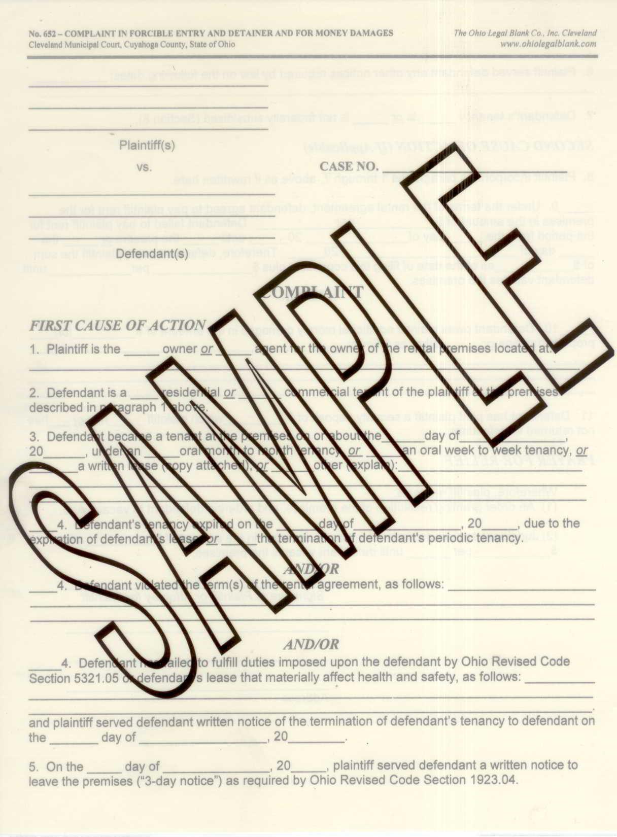 No. 652 Complaint Form For Eviction (Cleveland, Ohio)